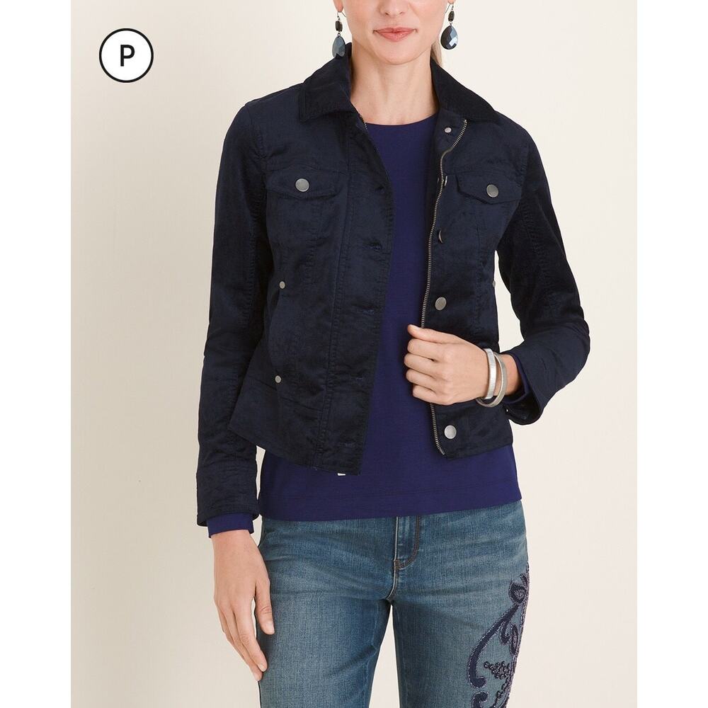 Chico's Velveteen Moto Jacket Navy Zip Button Down Collared Petite 1P 8/10‎